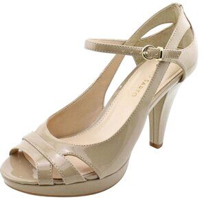 Franco Sarto Spiro Peep Toe Heeled Faux Leather Beige Neutral Sandals Size 9